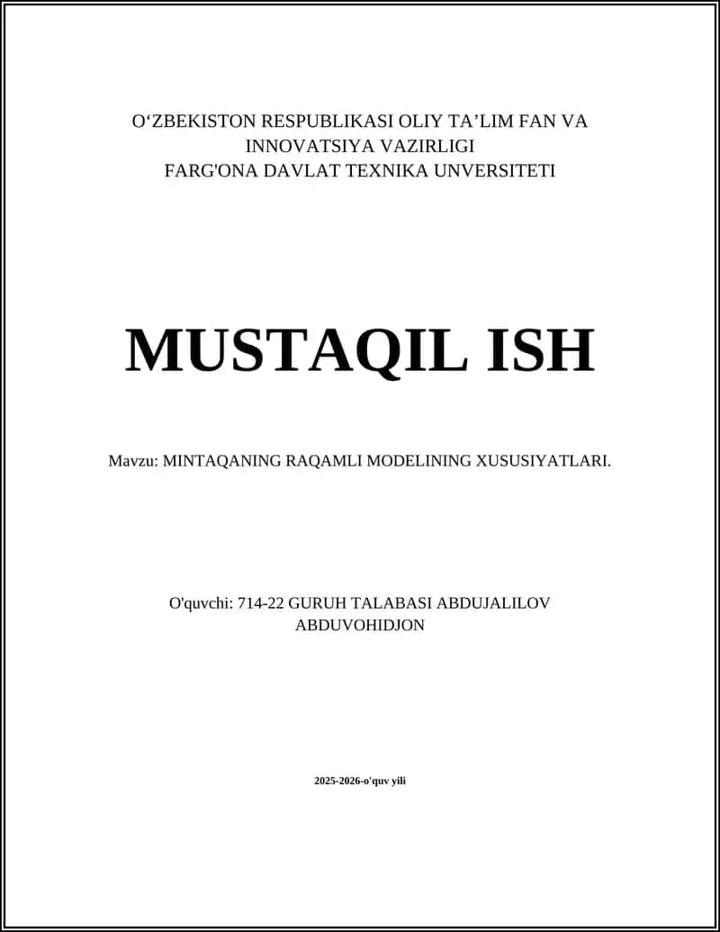 MINTAQANING RAQAMLI MODELINING XUSUSIYATLARI