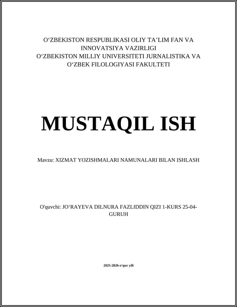 XIZMAT YOZISHMALARI NAMUNALARI BILAN ISHLASH