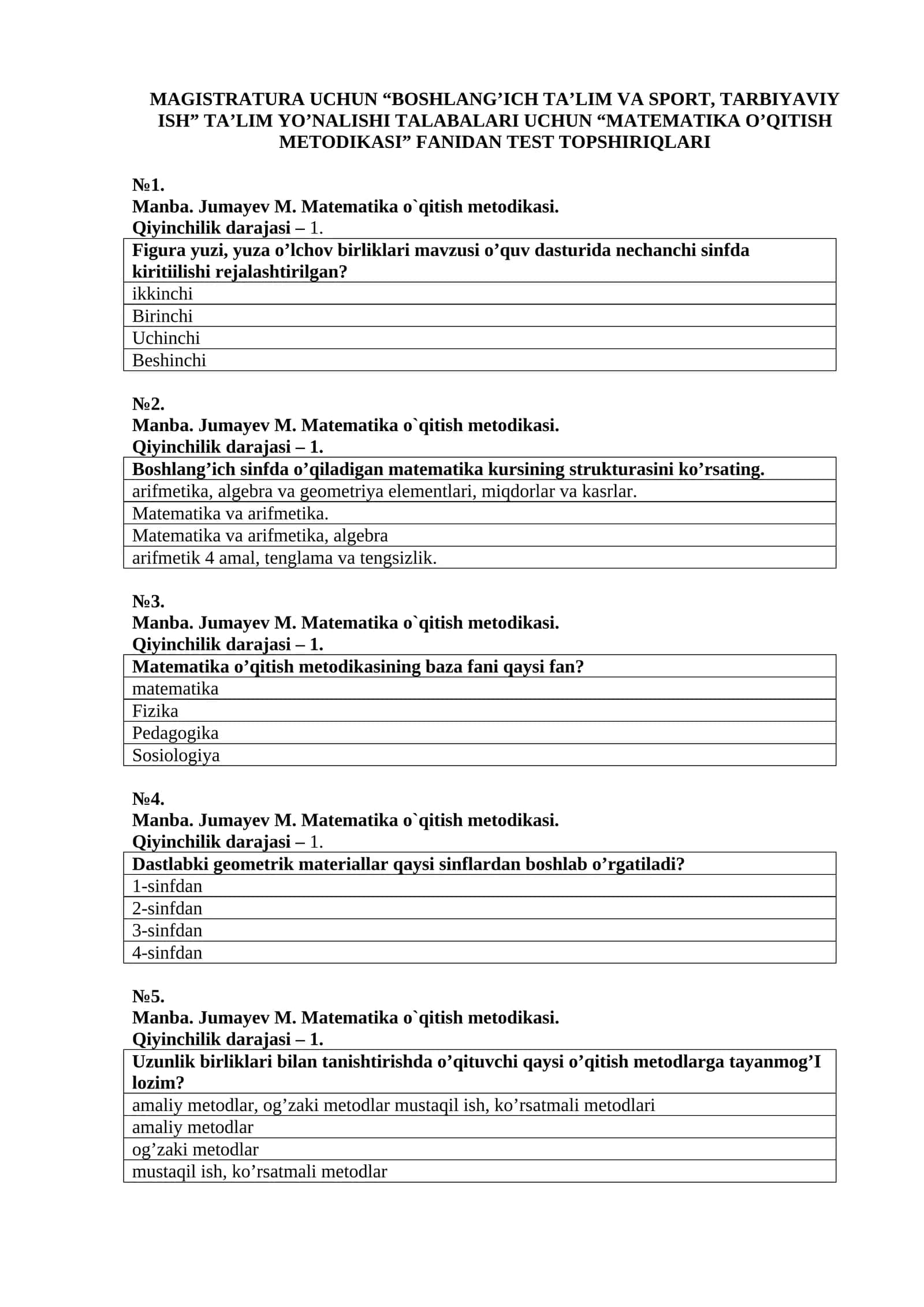 MAGISTRATURA UCHUN “BOSHLANG’ICH TA’LIM VA SPORT, TARBIYAVIY ISH” TA’LIM YO’NALISHI TALABALARI UCHUN “MАTЕMАTIKА O’QITISH METODIKASI” FАNIDАN TEST TOPSHIRIQLARI