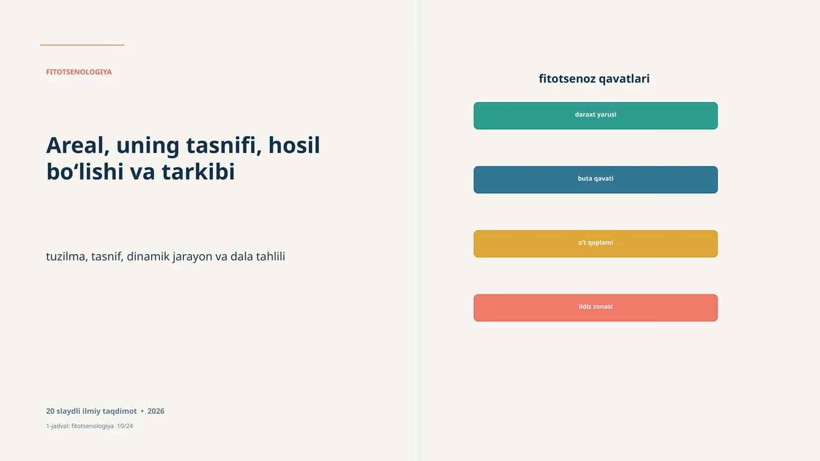 FITOTSENOLOGIYA Areal, uning tasnifi, hosil bo‘lishi va tarkibi. Uzbek text discussing the classification of plant communities, their composition, and formation