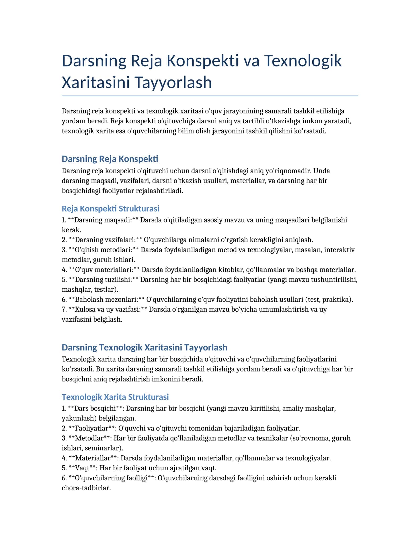Darsning Reja Konspekti va Texnologik Xaritasini Tayyorlash