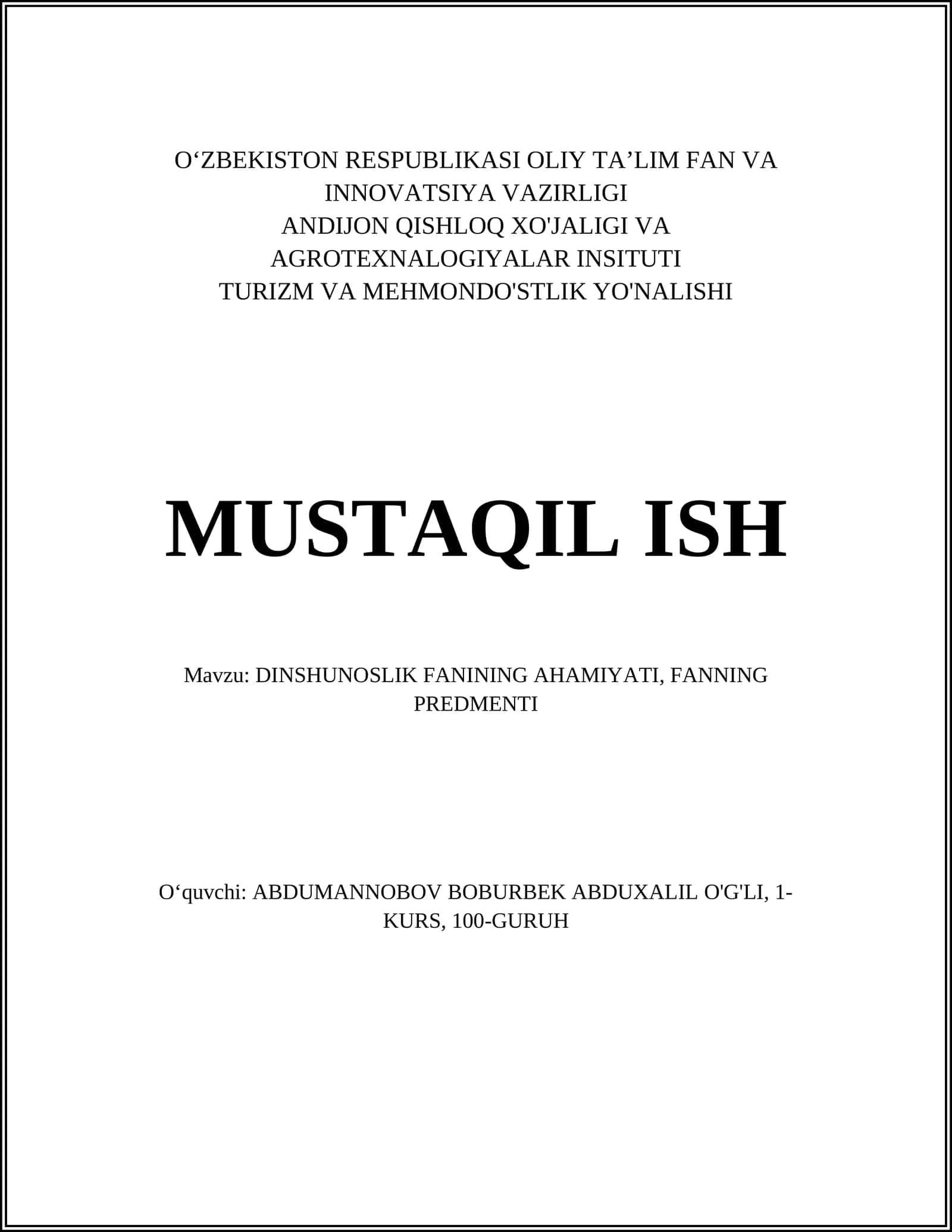 DINSHUNOSLIK FANINING AHAMIYATI