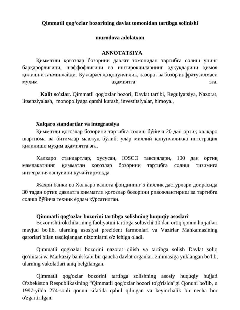 Qimmatli qog‘ozlar bozorining davlat tomonidan tartibga solinishi