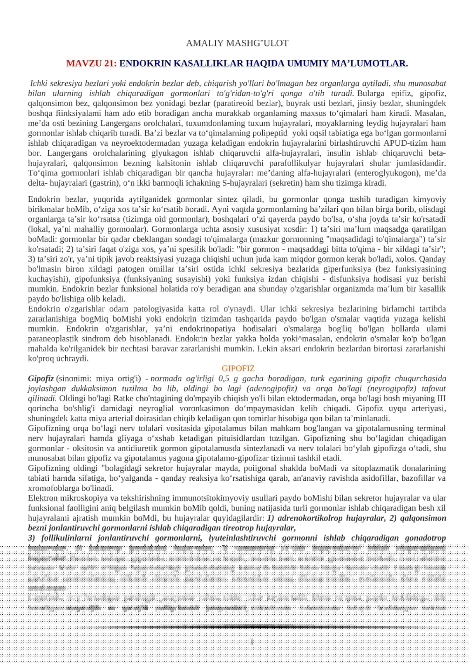 ENDOKRIN KASALLIKLAR HAQIDA UMUMIY MA’LUMOTLAR