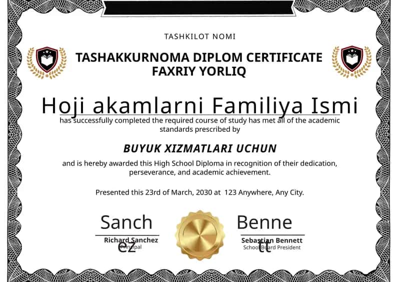 TASHAKKURNOMA DIPLOM CERTIFICATE FAXRIY YORLIQ