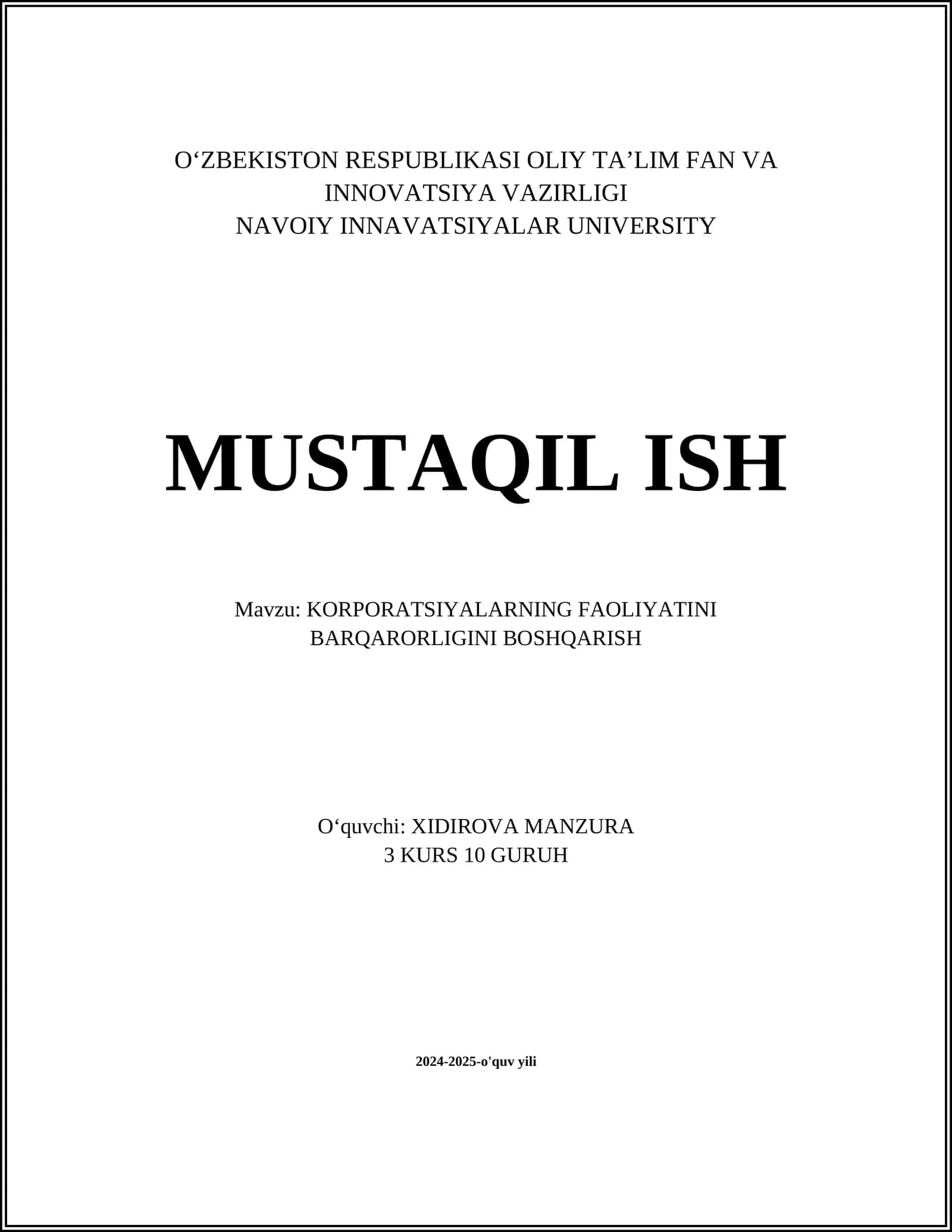 KORPORATSIYALARNING FAOLIYATINI BARQARORLIGINI BOSHQARISH