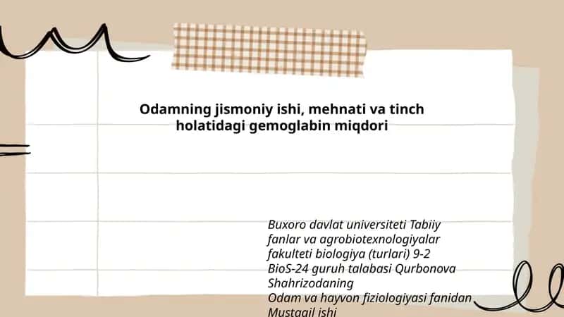 Odam va hayvon fiziologiyasi fanidan Mustaqil ish