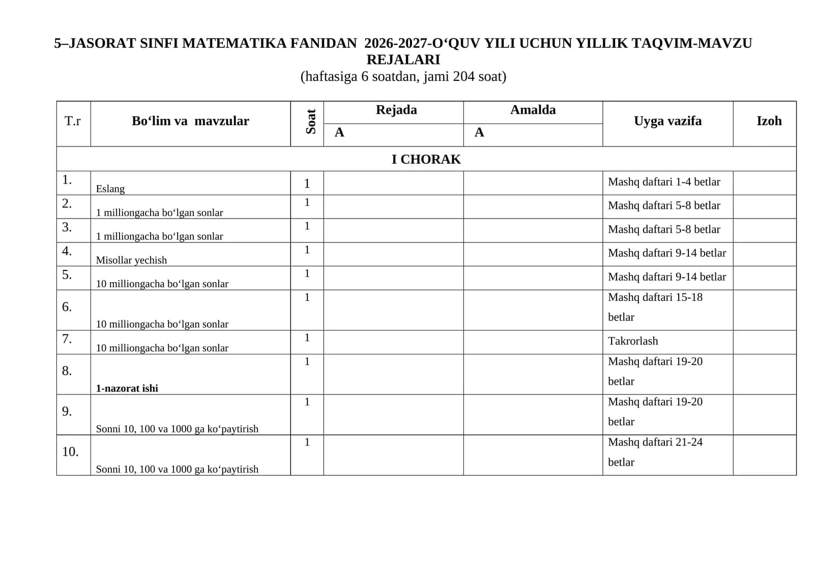 JASORAT 5-SINF MATEMATIKA 2026-2027
