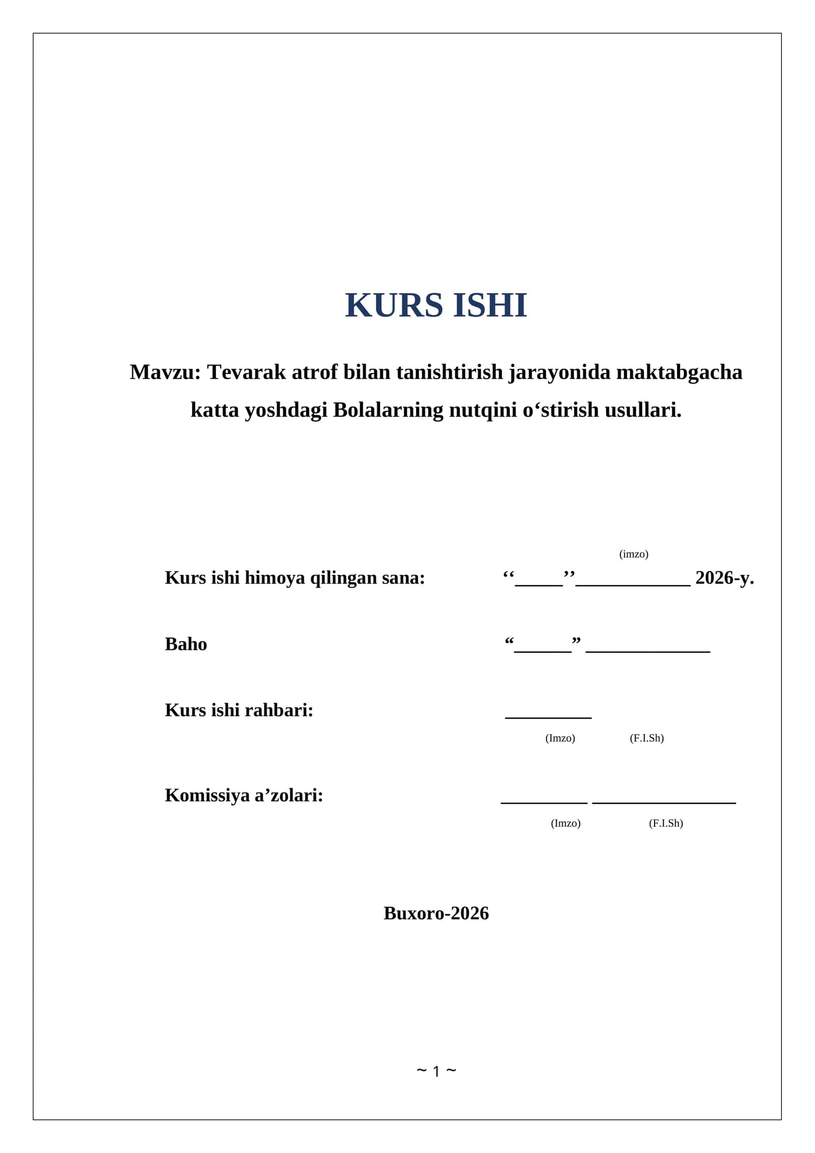 Tevarak atrof bilan tanishtirish jarayonida maktabgacha katta yoshdagi Bolalarning nutqini oʻstirish usullari. Kurs ishi