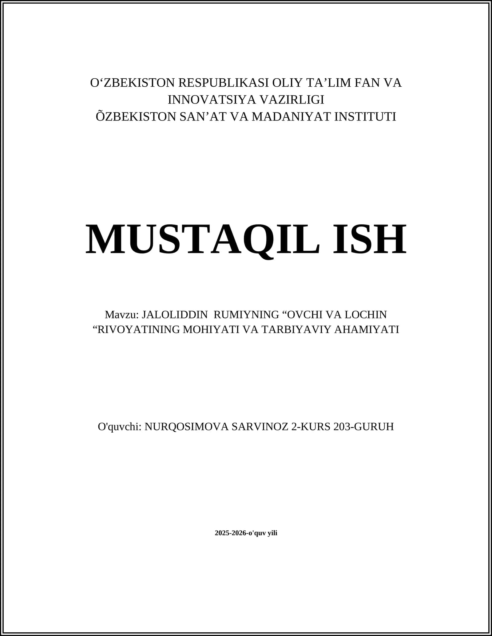 JALOLIDDIN RUMIYNING “OVCHI VA LOCHIN “RIVOYATINING MOHIYATI VA TARBIYAVIY AHAMIYATI