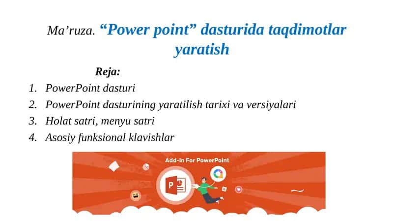 Microsoft PowerPoint, taqdimotlar yaratish va ularni shoqilishga mo‘ljallan'gan dastur bo‘lib, Power