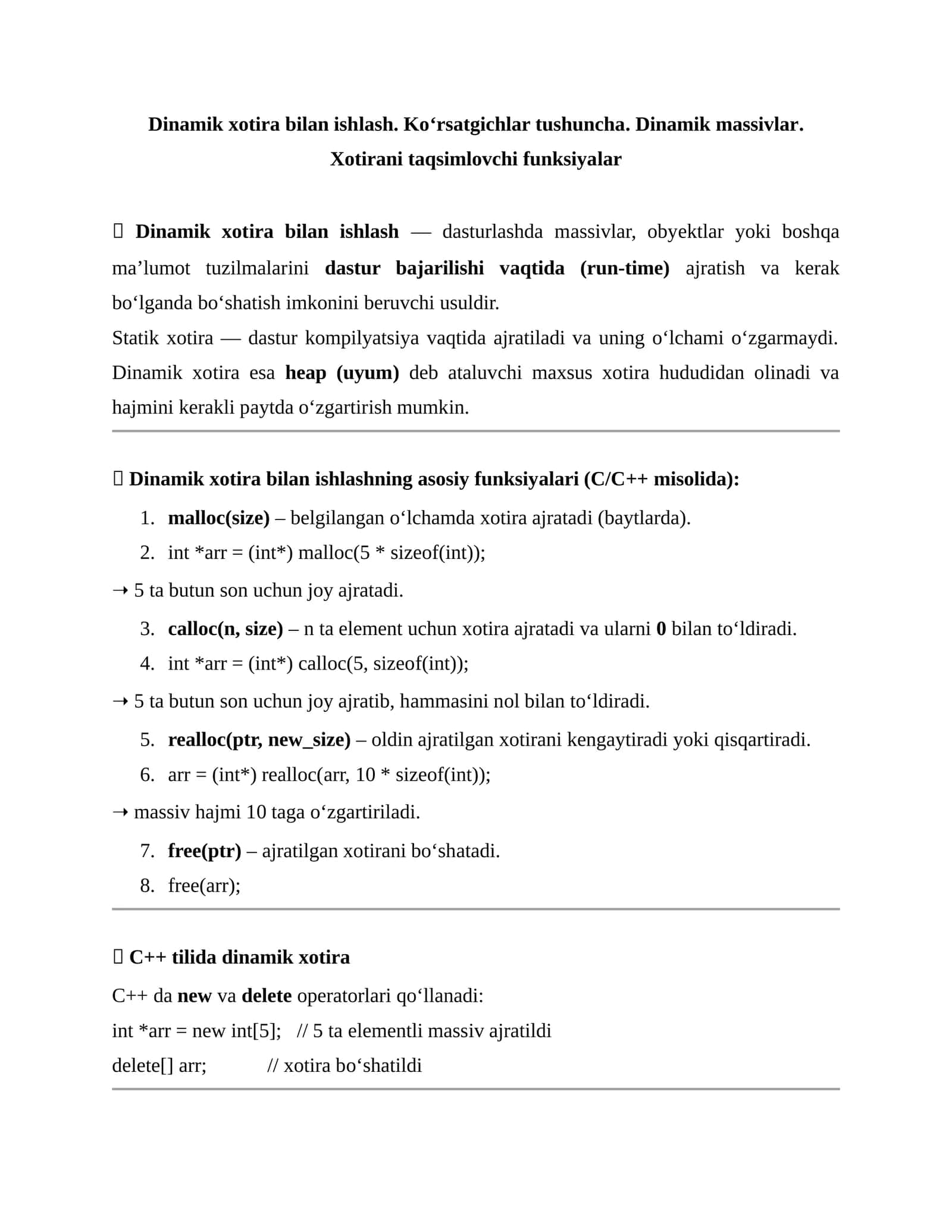 Dinamik xotira bilan ishlash. Ko‘rsatgichlar tushuncha. Dinamik massivlar. Xotirani taqsimlovchi funksiyalar