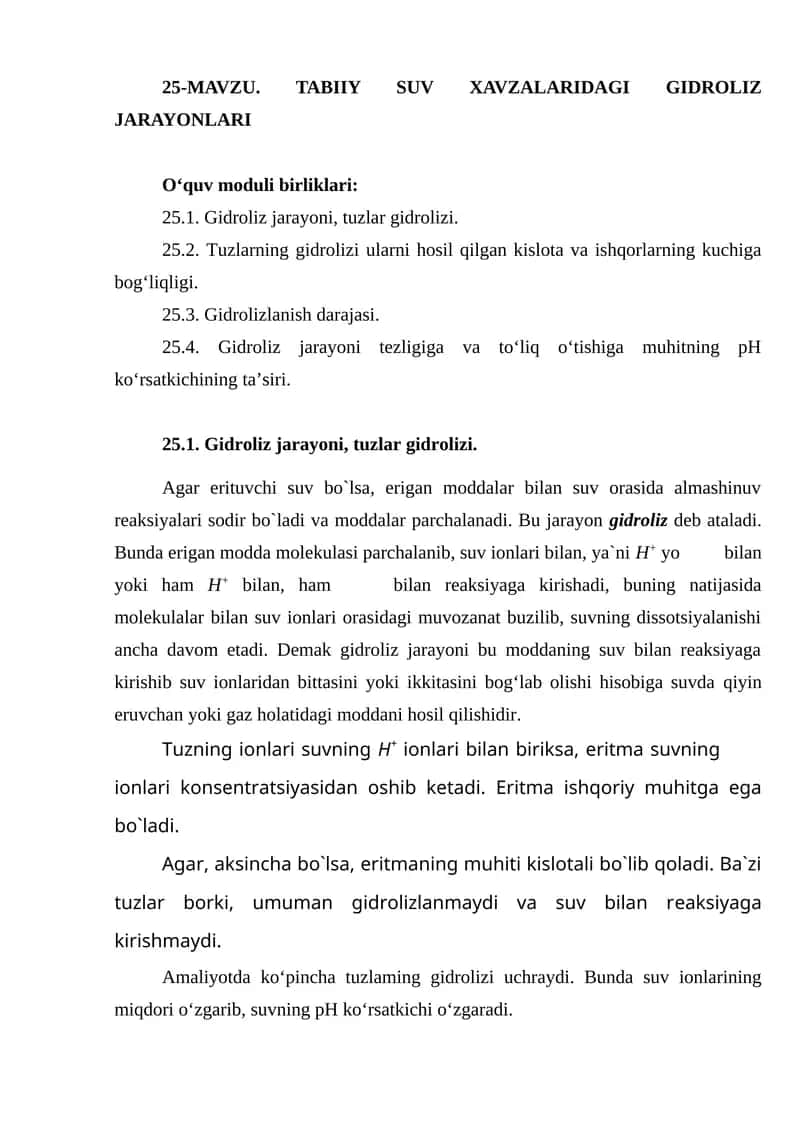25-mavzu. Tabiiy suv xavzalaridagi gidroliz jarayonlari