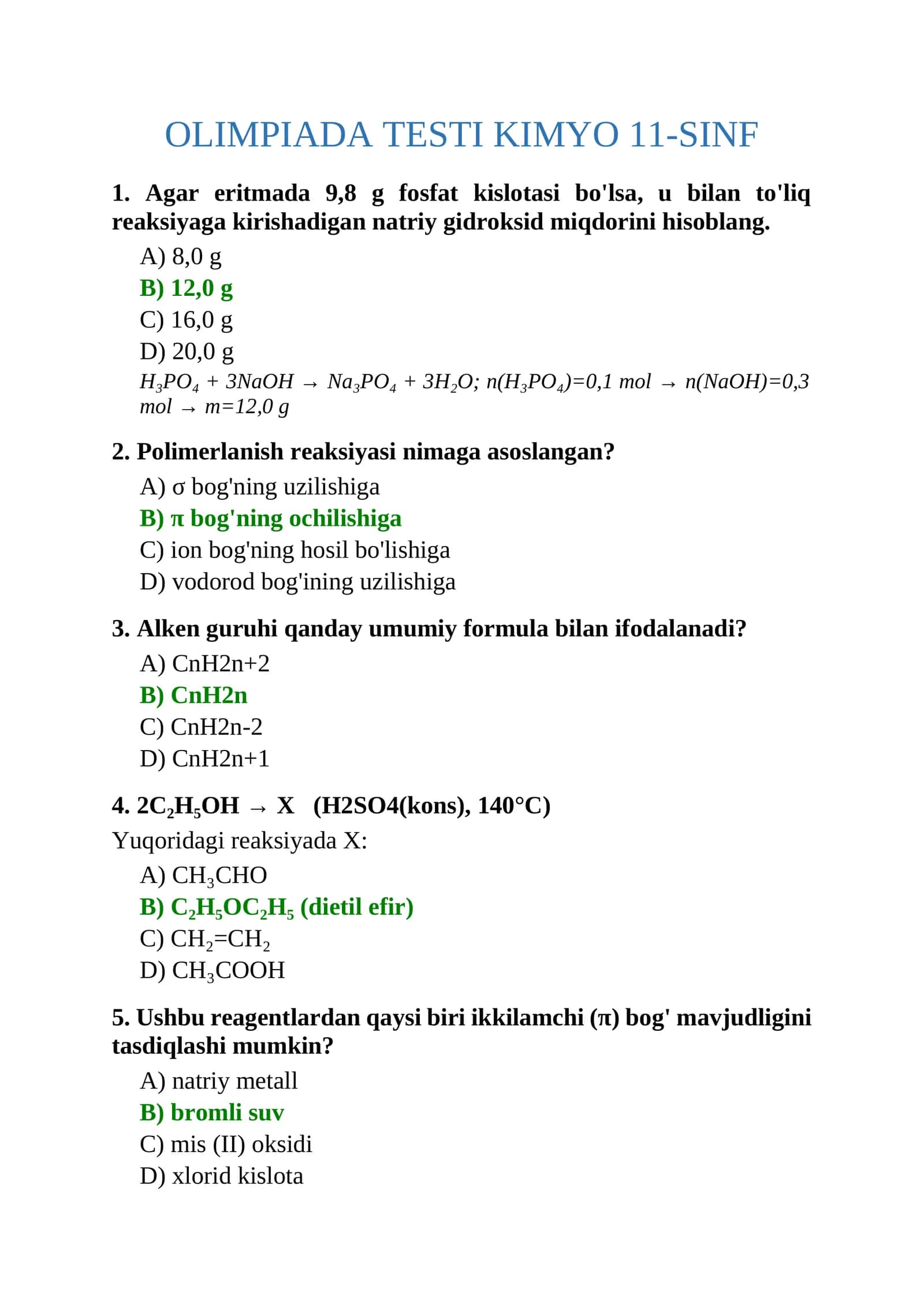 OLIMPIADA TESTI KIMYO 11-SINF