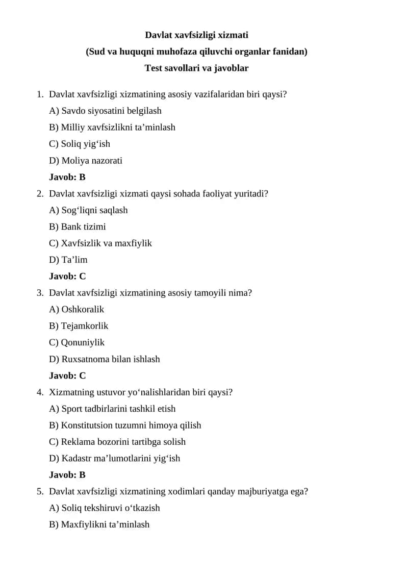 Davlat xavfsizligi xizmati Test savollari va javoblar