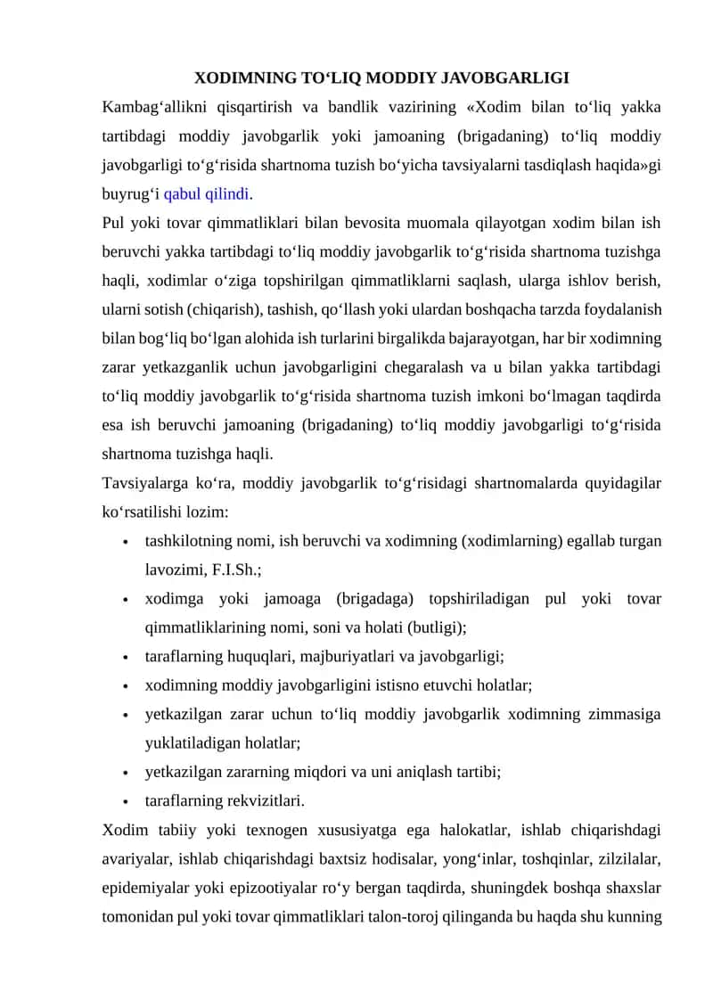 Xodimning To‘liq Moddiy Javobgarligi