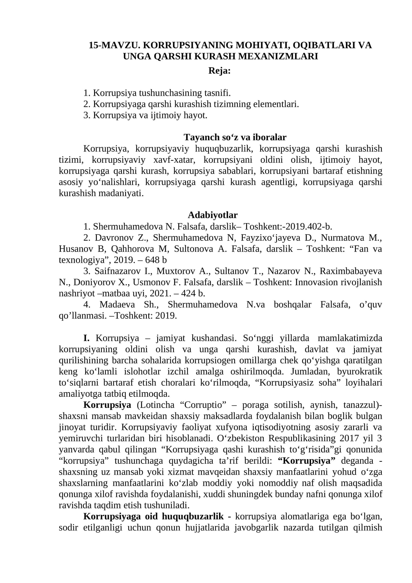 KORRUPSIYANING MOHIYATI, OQIBATLARI VA UNGA QARSHI KURASH MEXANIZMLARI