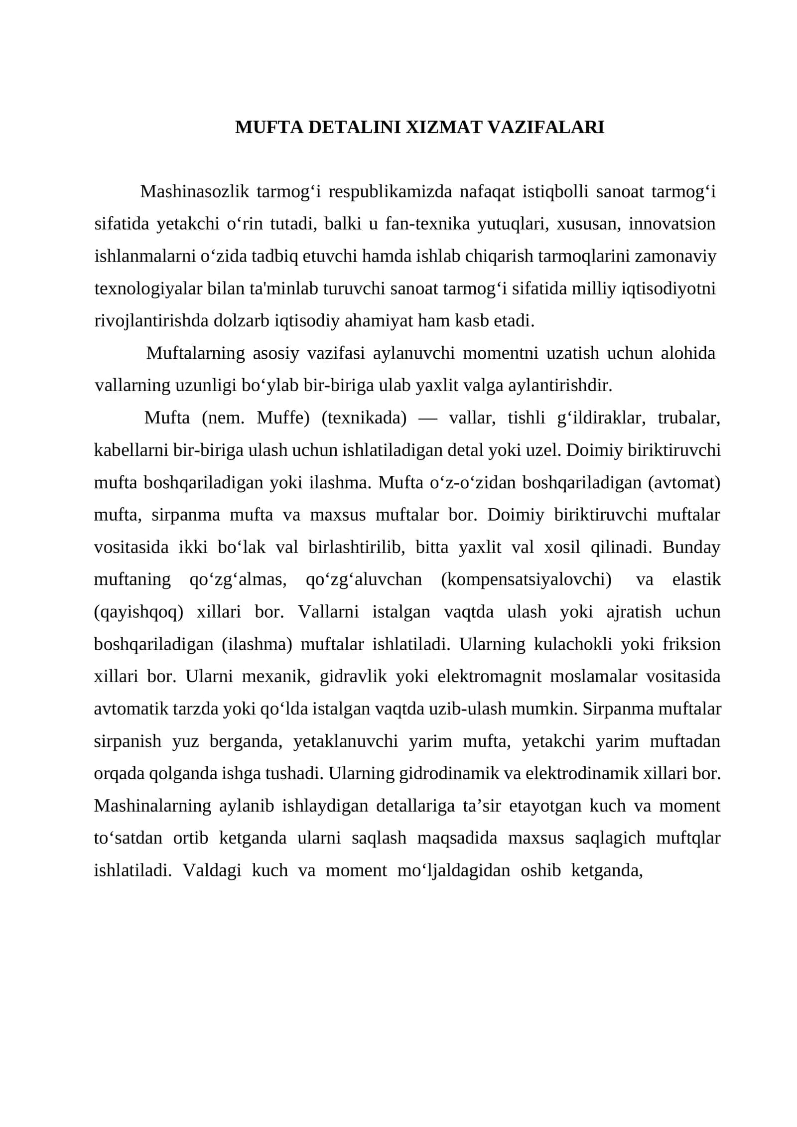 Mufta Detalini Xizmat Vazifalari