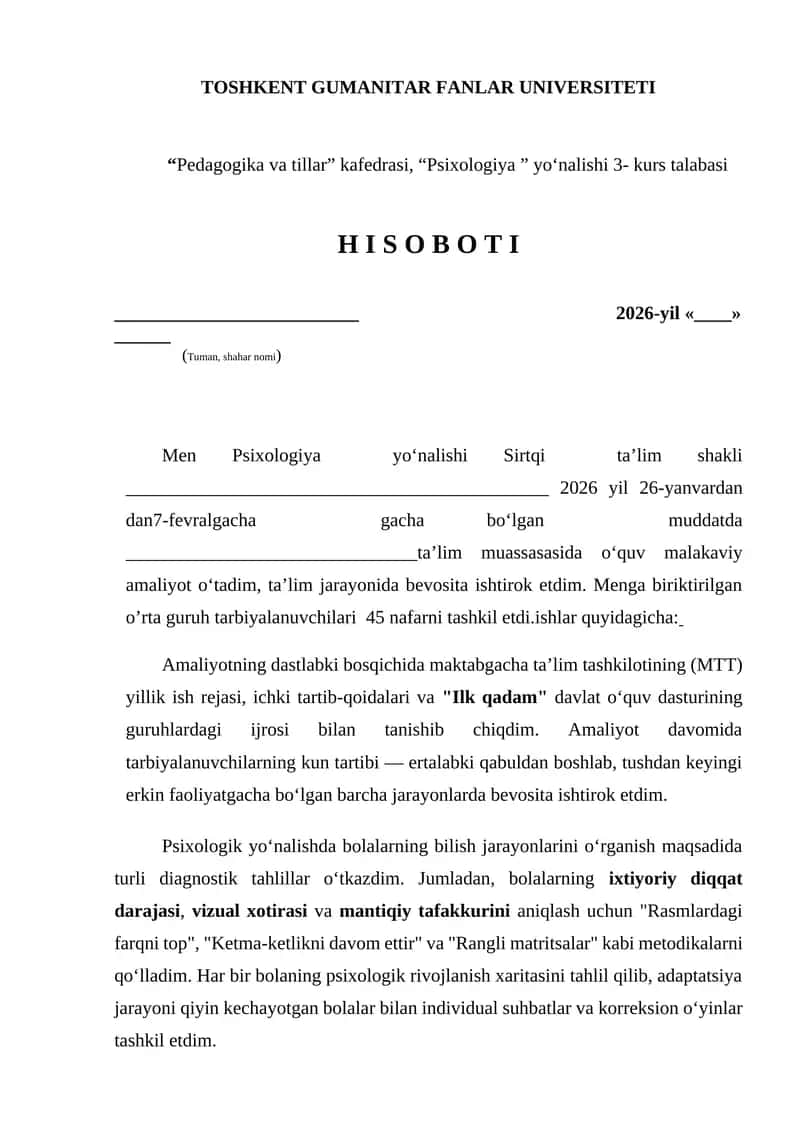 Amaliyot hisoboti namuna