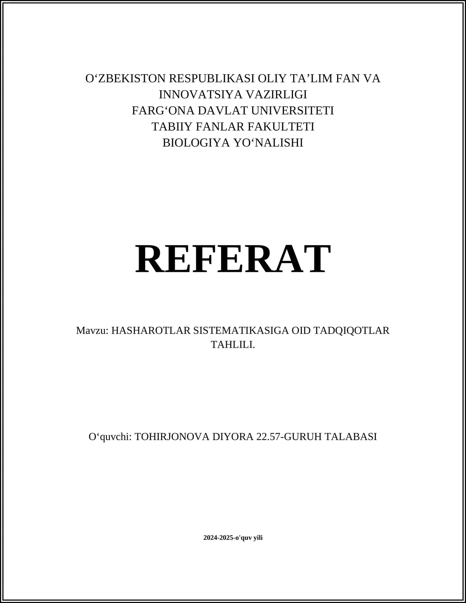 HASHAROTLAR SISTEMATIKASIGA OID TADQIQOTLAR TAHLILI