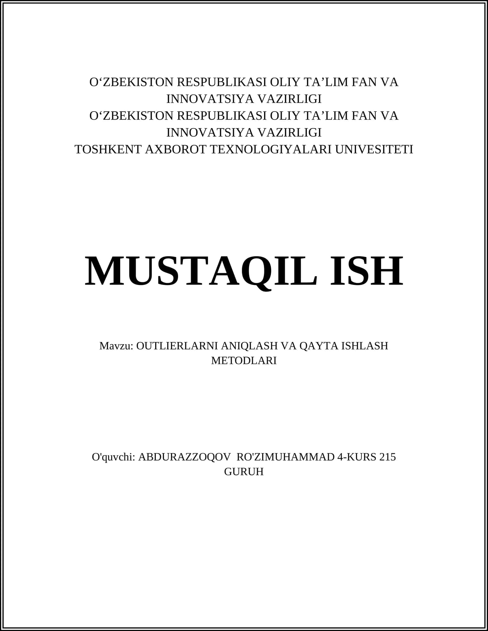 OUTLIERLARNI ANIQLASH VA QAYTA ISHLASH METODLARI