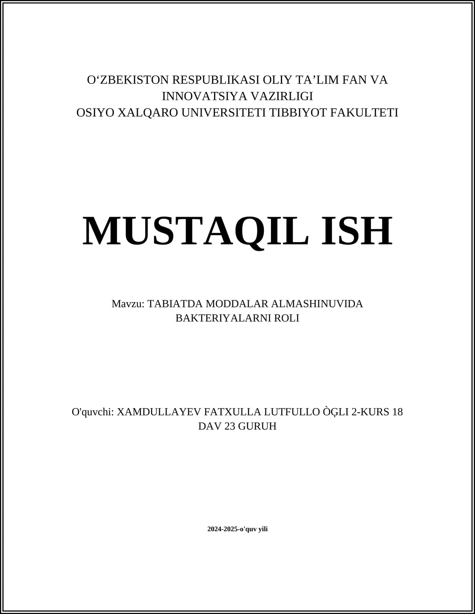 TABIATDA MODDALAR ALMASHINUVIDA BAKTERIYALARNI ROLI