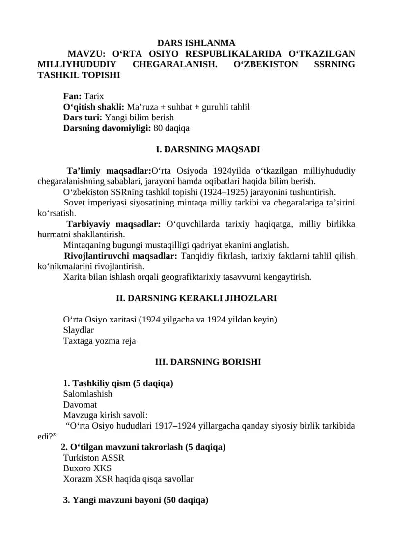 O‘rta Osiyo Respublikalarida O‘tkazilgan Milliyhududiy Chegaralanish. O‘zbekiston SSRning Tashkil Topishi