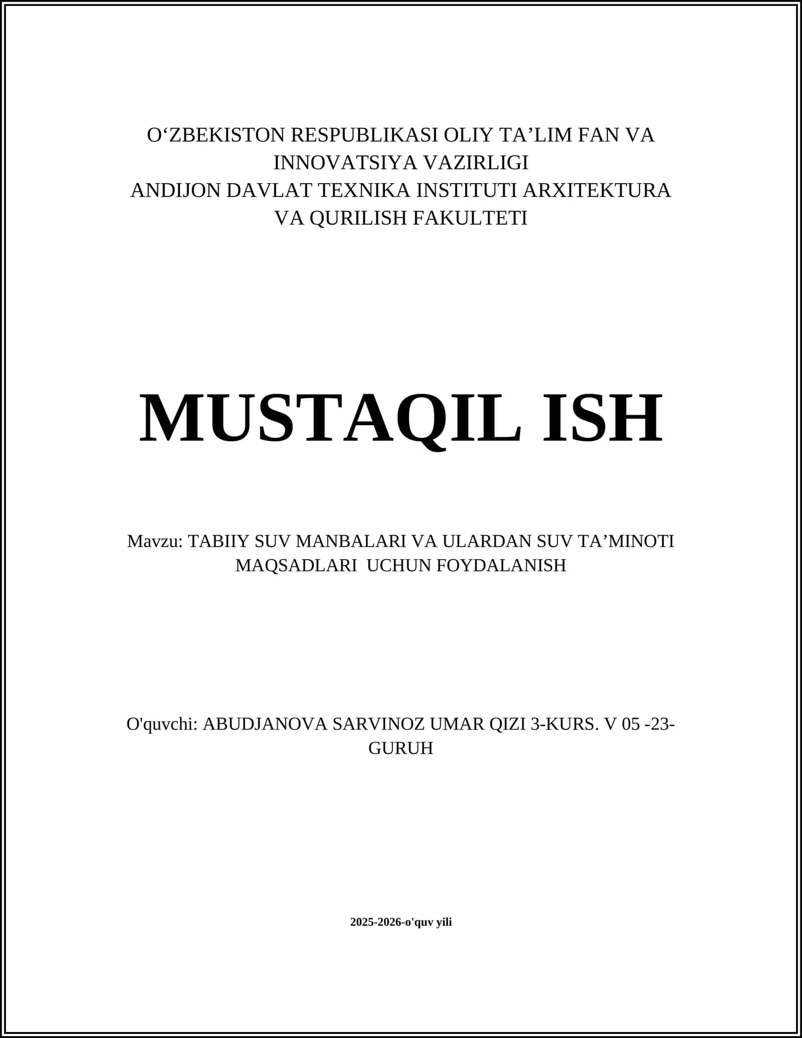 TABIIY SUV MANBALARI VA ULARDAN SUV TAʼMINOTI MAQSADLARI UCHUN FOYDALANISH