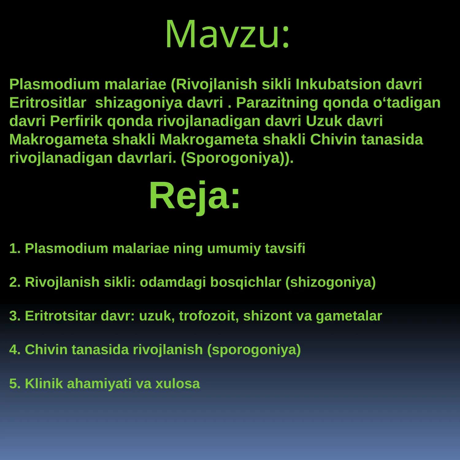 Plasmodium malariae (Rivojlanish sikli Inkubatsion davri Eritrositlar shizagoniya davri. Parazitning qonda oʻtadigan davri Perfirik qonda rivojlanadigan davri Uzuk davri Makrogameta shakli Makrogameta shakli Chivin tanasida rivojlanadigan davrlari. (Sporogoniya))