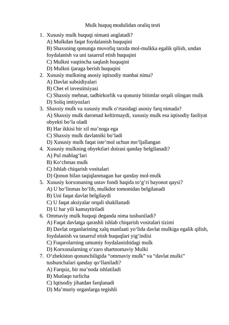 Mulk huquq modulidan oraliq testi