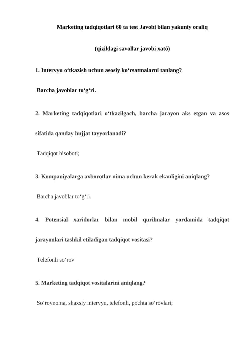 Marketing tadqiqotlari 60 ta test Javobi bilan yakuniy oraliq