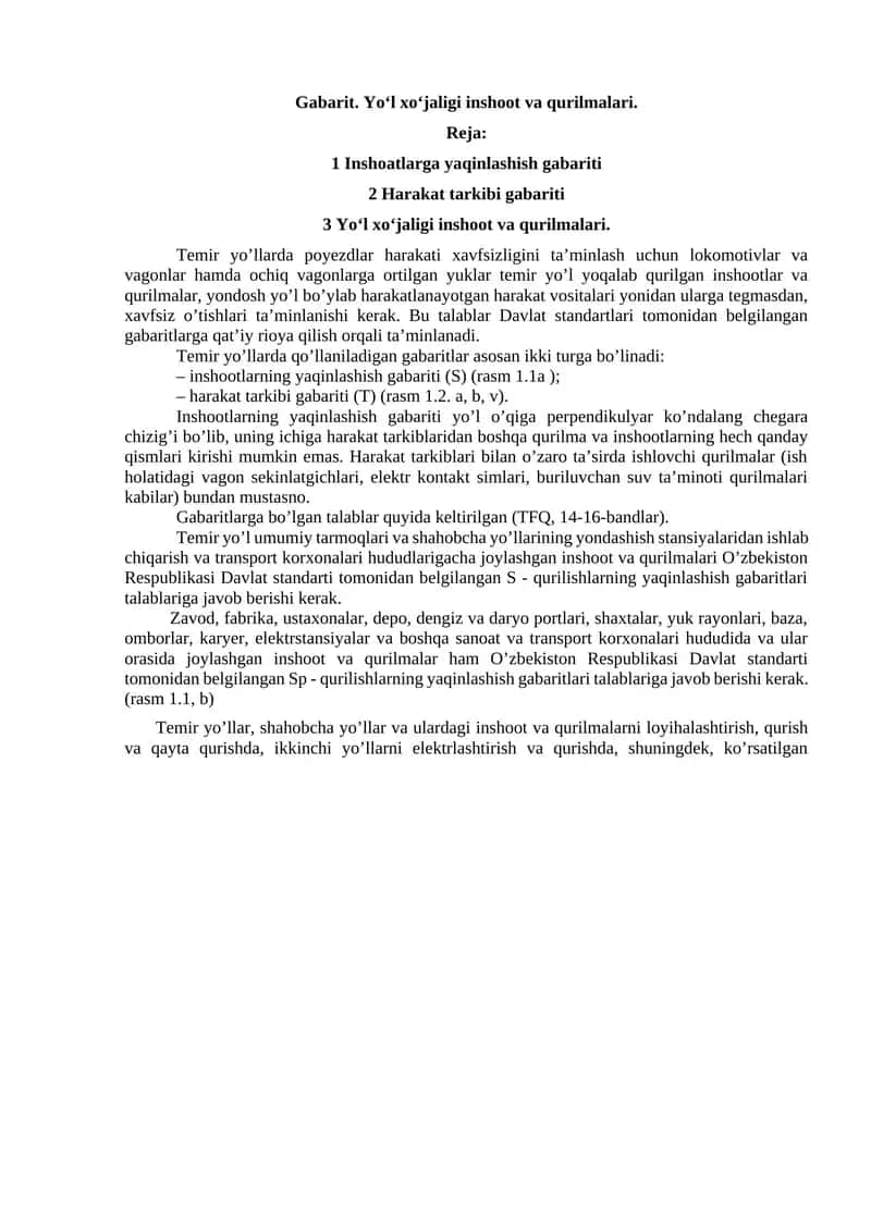 Gabarit. Yo‘l xo‘jaligi inshoot va qurilmalari.