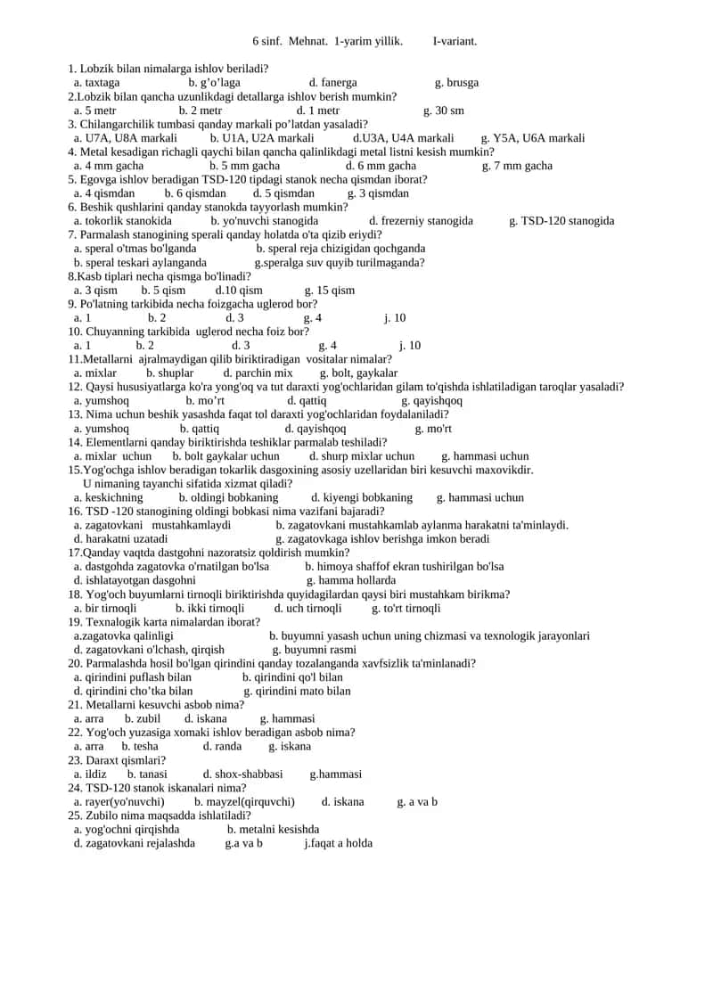 6 sinf. Mehnat. 1-yarim yillik. I-variant