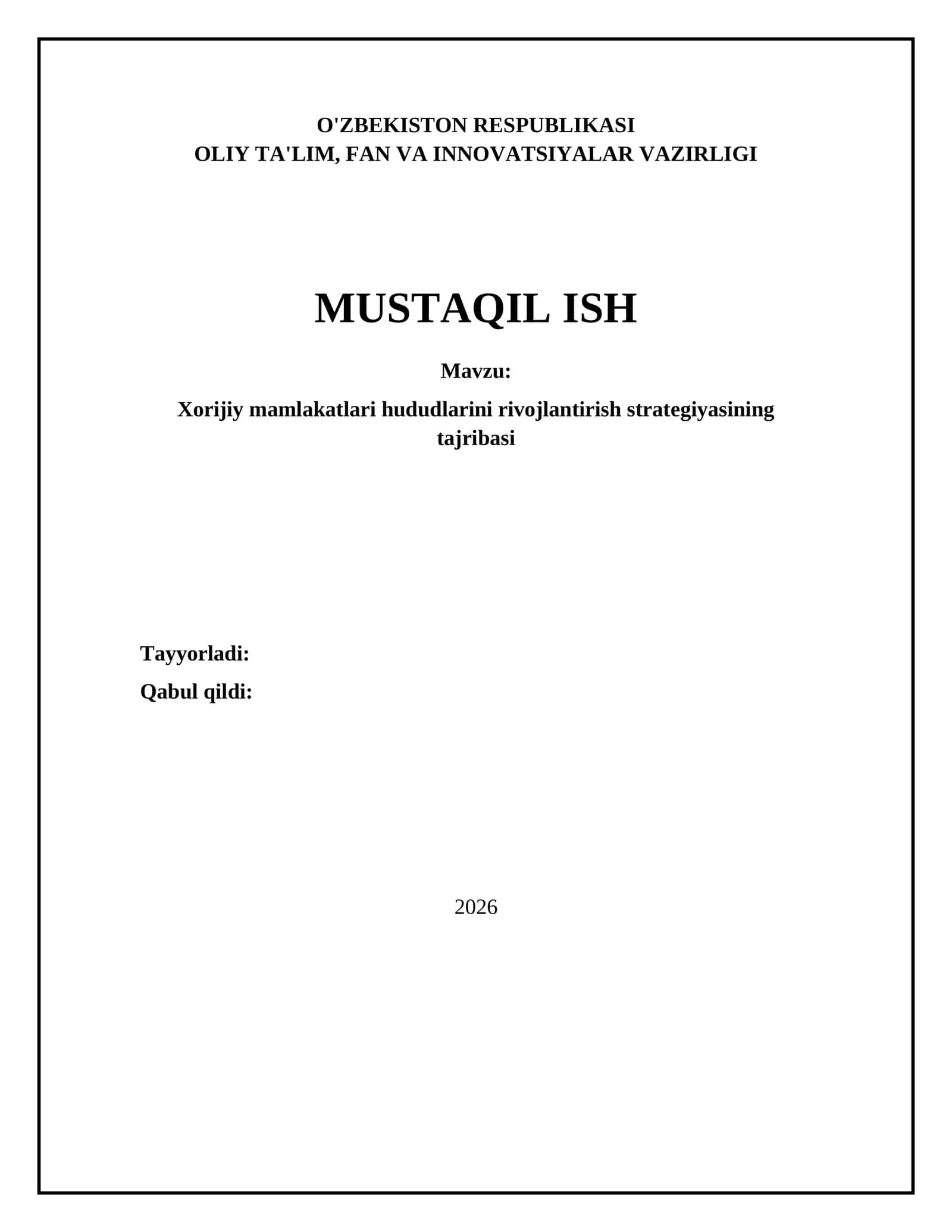 Xorijiy mamlakatlari hududlarini rivojlantirish strategiyasining tajribasi