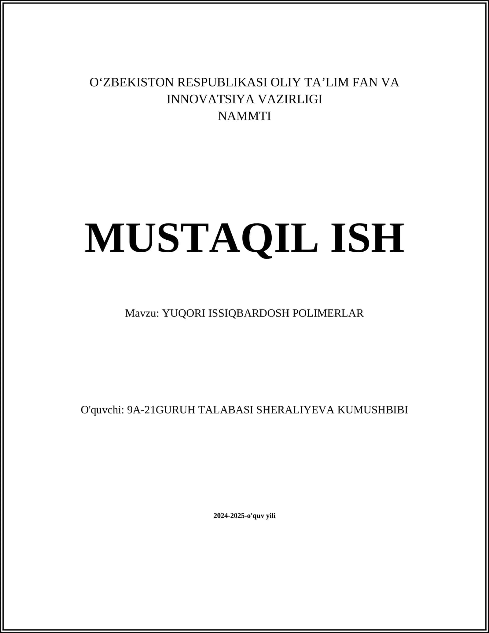YUQORI ISSIQBARDOSH POLIMERLAR