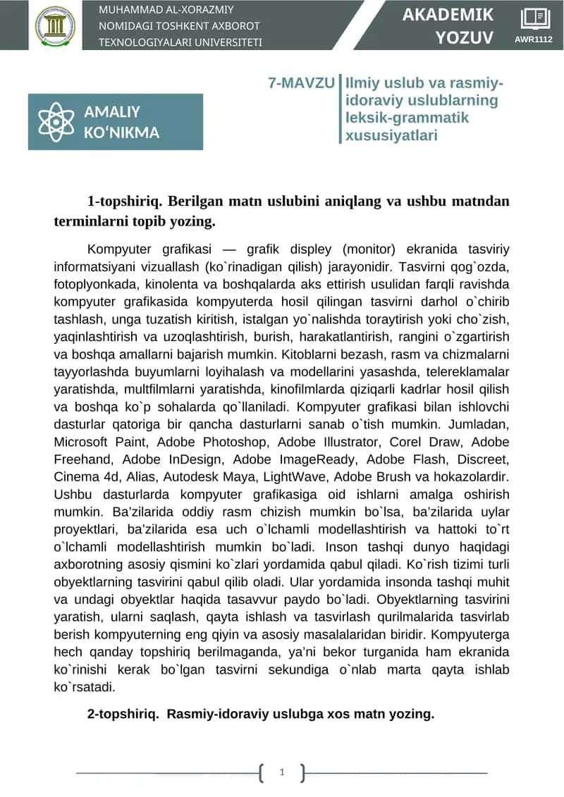 Ilmiy uslub va rasmiy-idoraviy uslublarning leksik-grammatik xususiyatlari