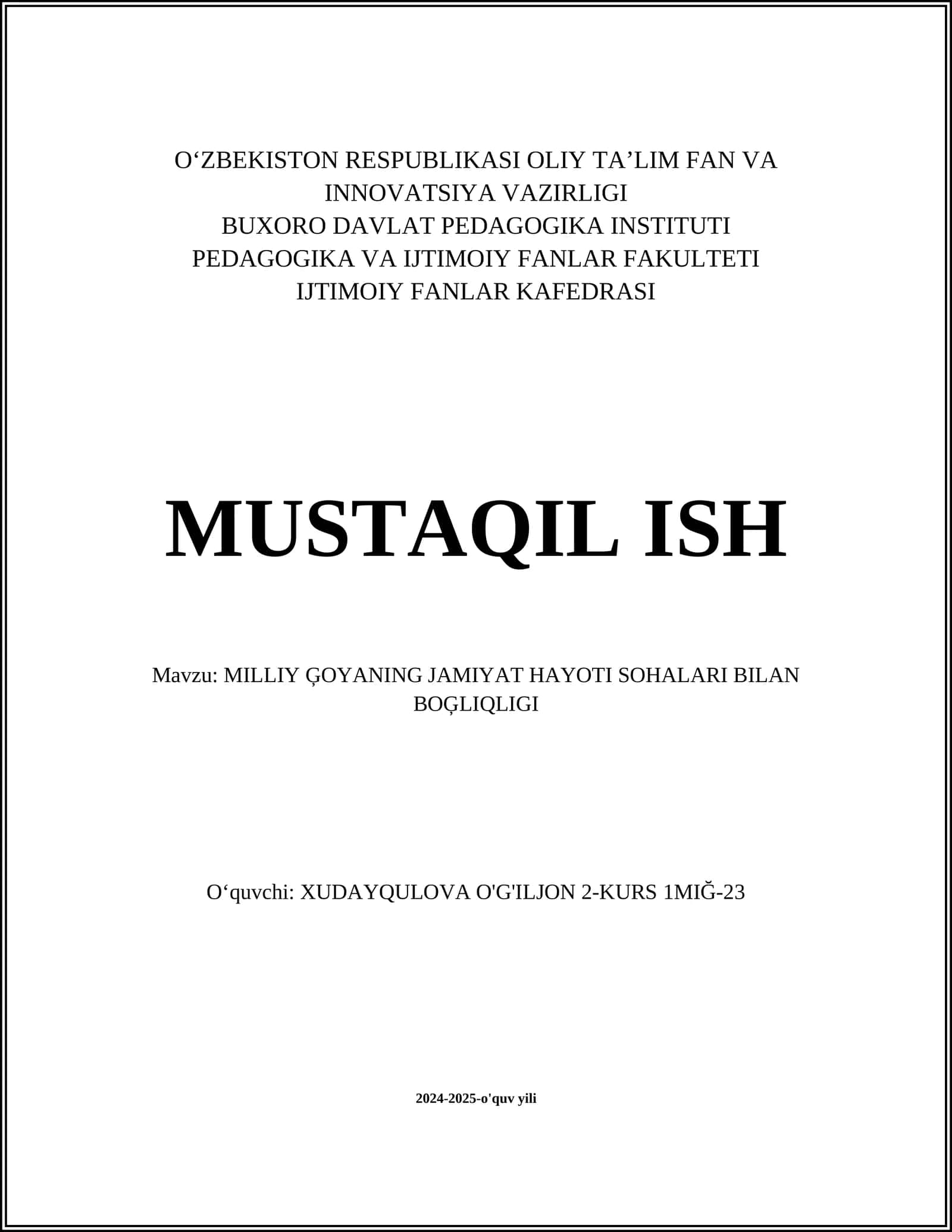 MILLIY ĢOYANING JAMIYAT HAYOTI SOHALARI BILAN BOĢLIQLIGI