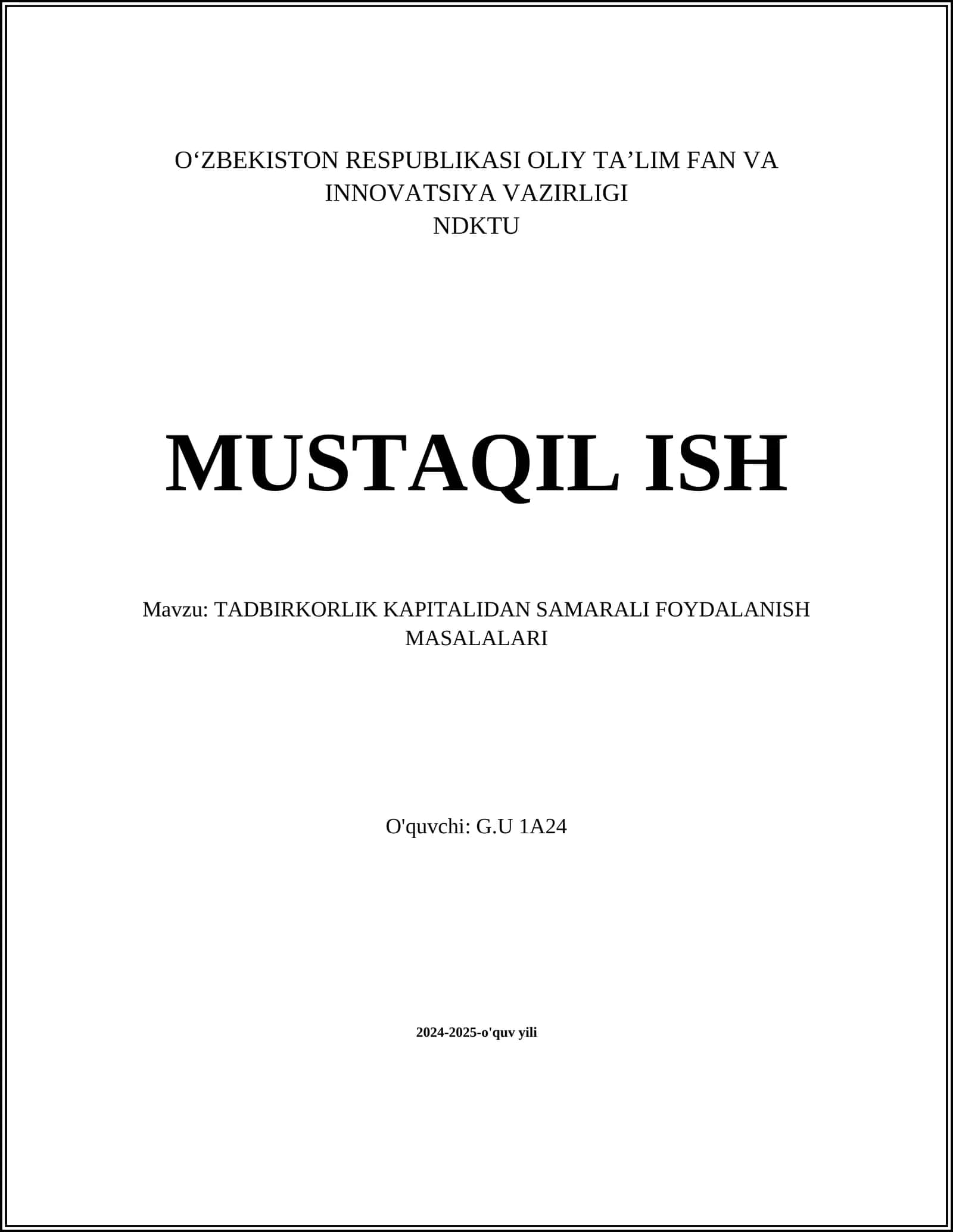 TADBIRKORLIK KAPITALIDAN SAMARALI FOYDALANISH MASALALARI