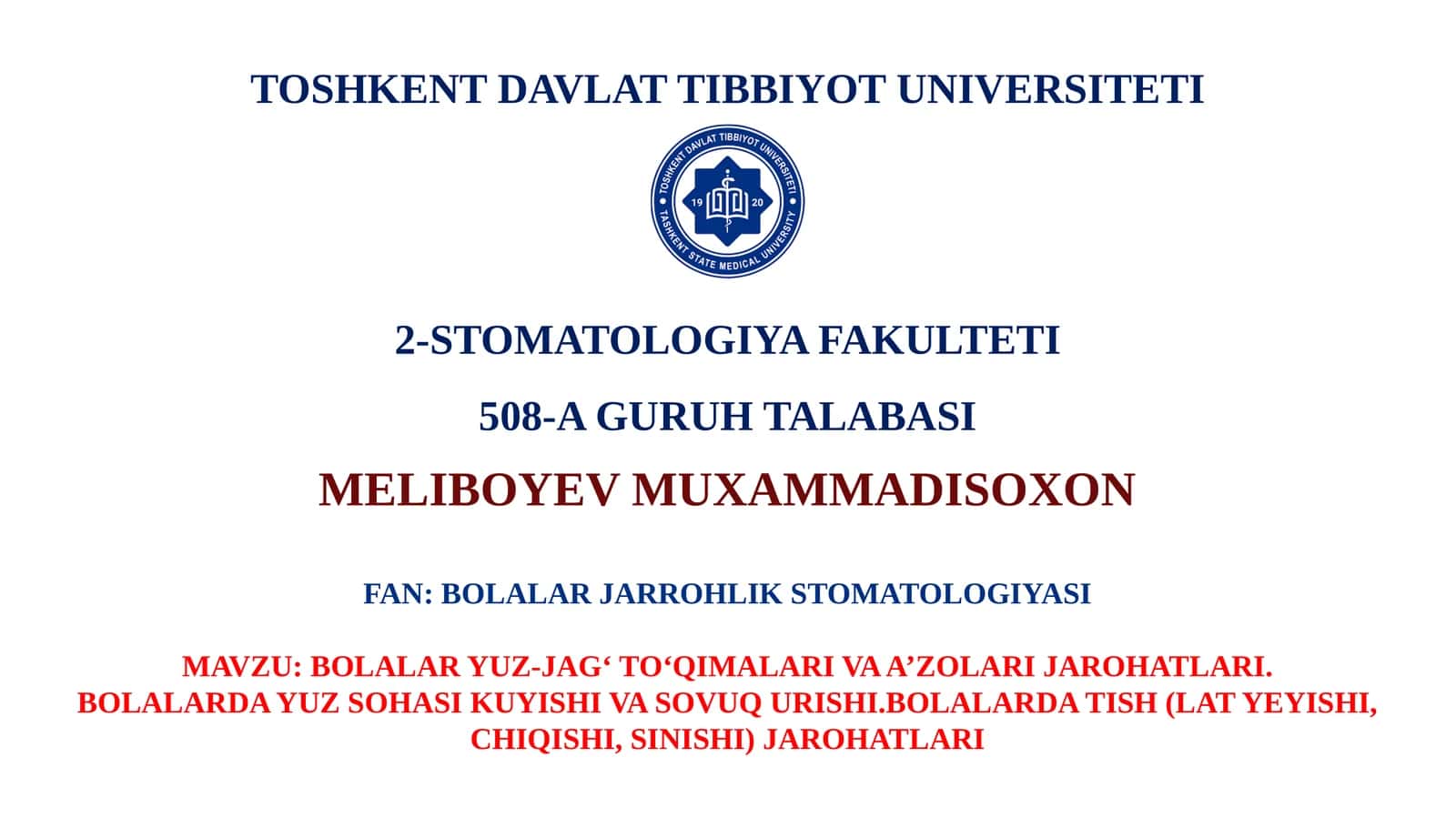 Bolalar Yuz-Jag‘ To‘qimalari va A’zolari Jarohatlari