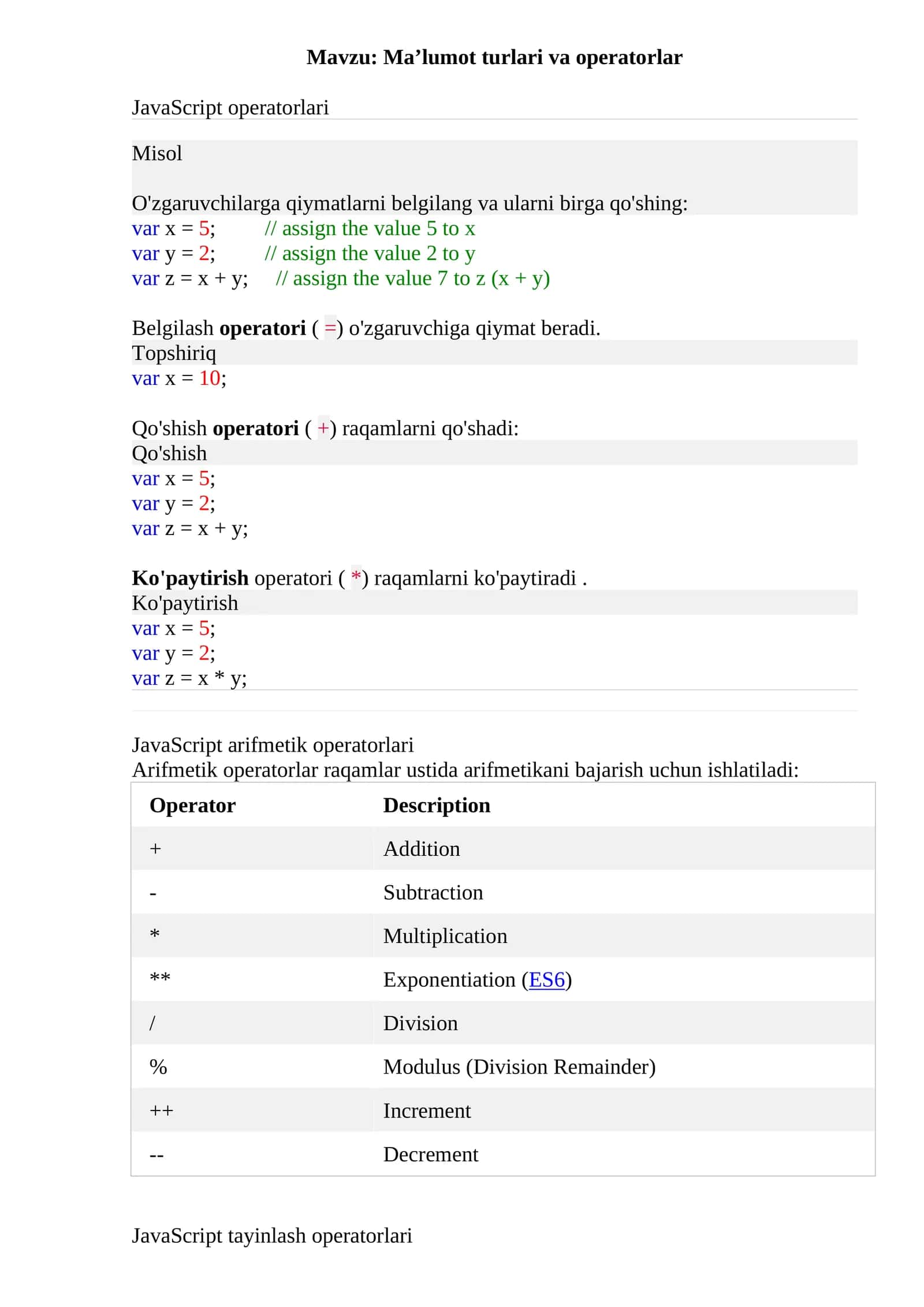 JavaScriptoperatorlari