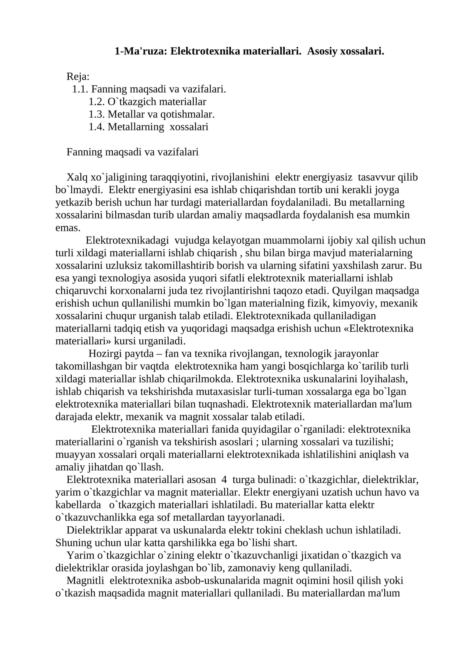 Elektrotexnika materiallari. Asosiy xossalari