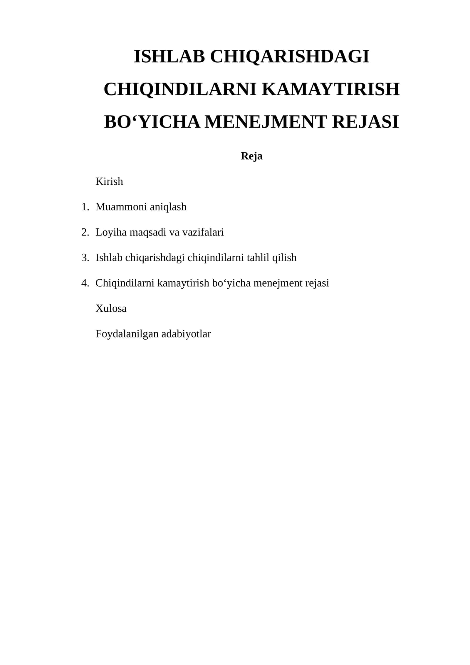 Ishlab Chiqarishdagi Chiqindilarni Kamaytirish Bo‘yicha Menejment Rejasi
