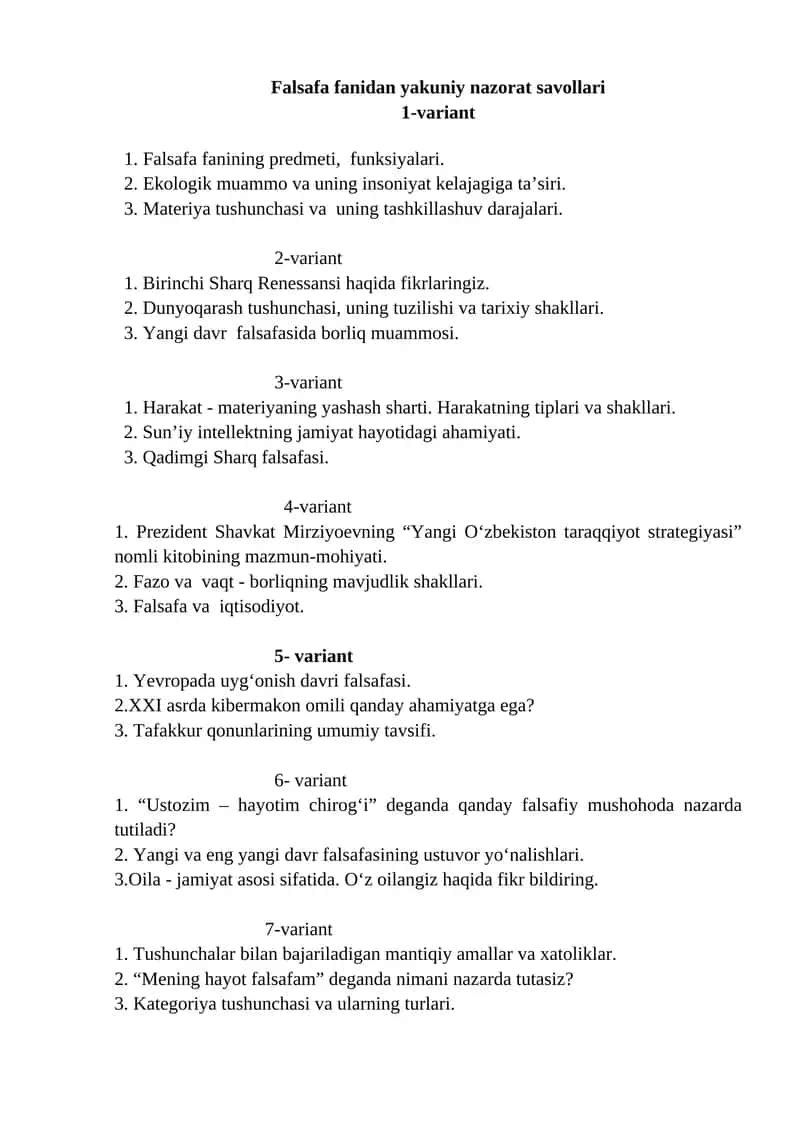 Falsafa fanidan yakuniy nazorat savollari