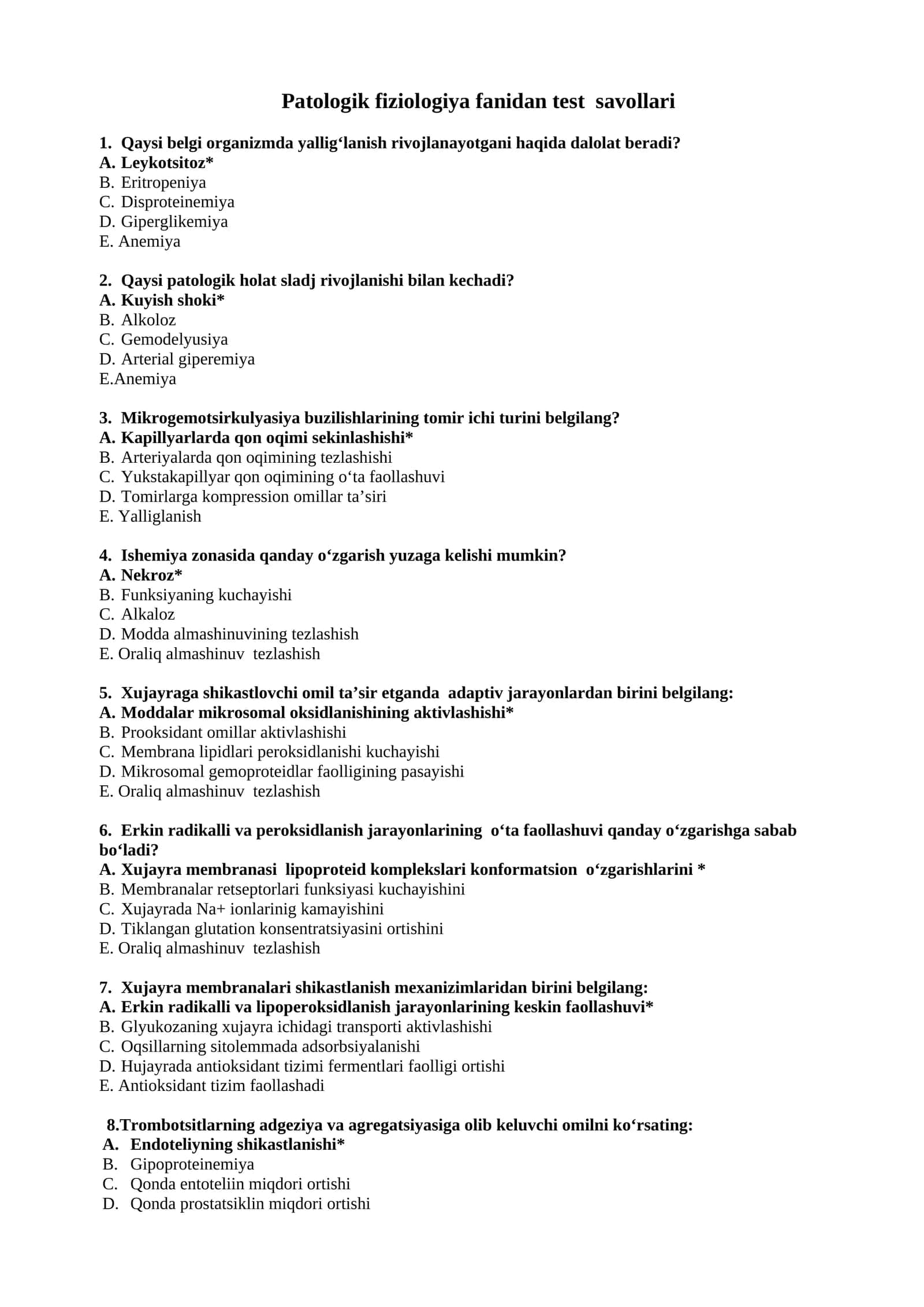 Patologik fiziologiya fanidan test savollari javobi