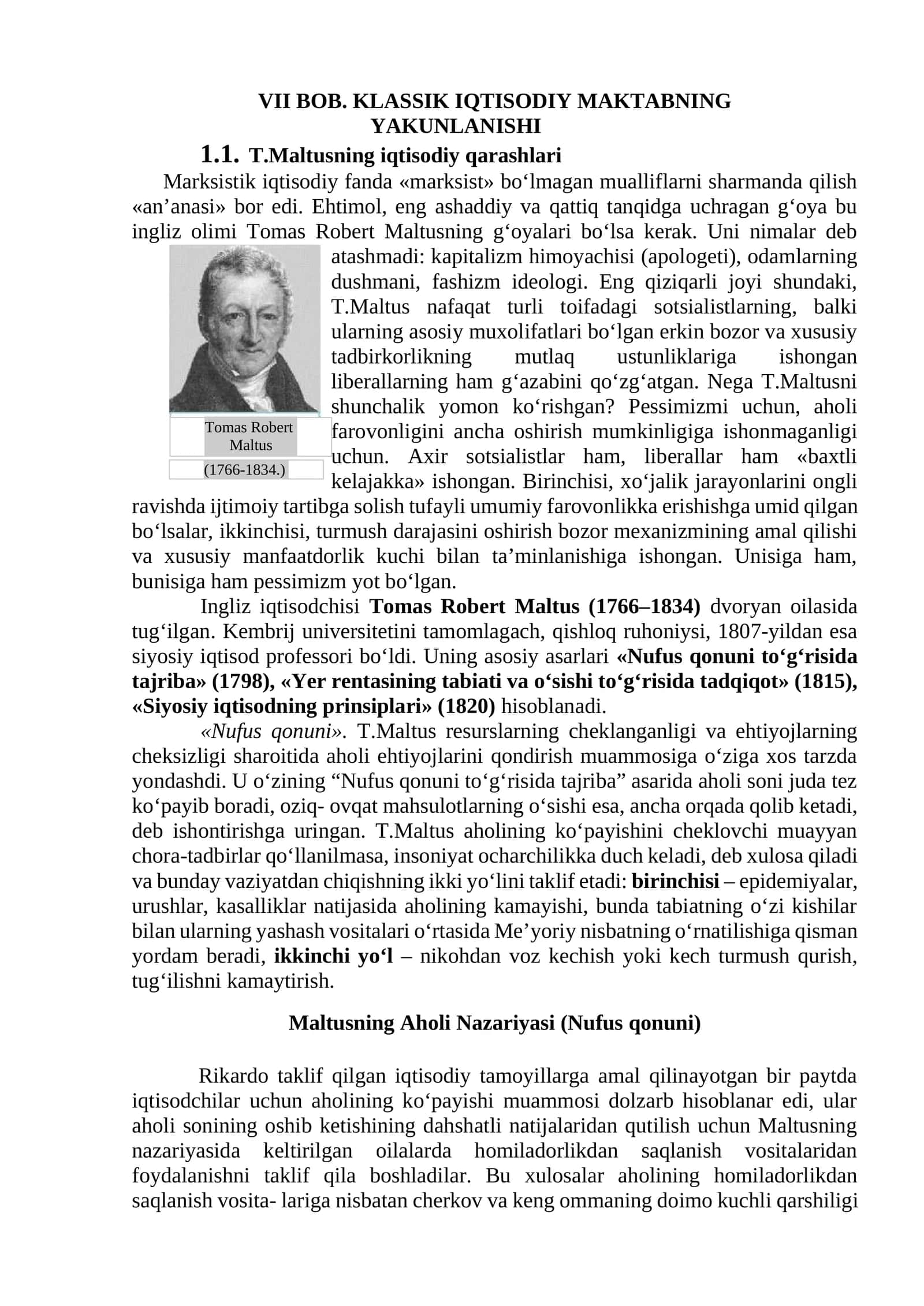 T.Maltusning iqtisodiy qarashlari (1766-1834)