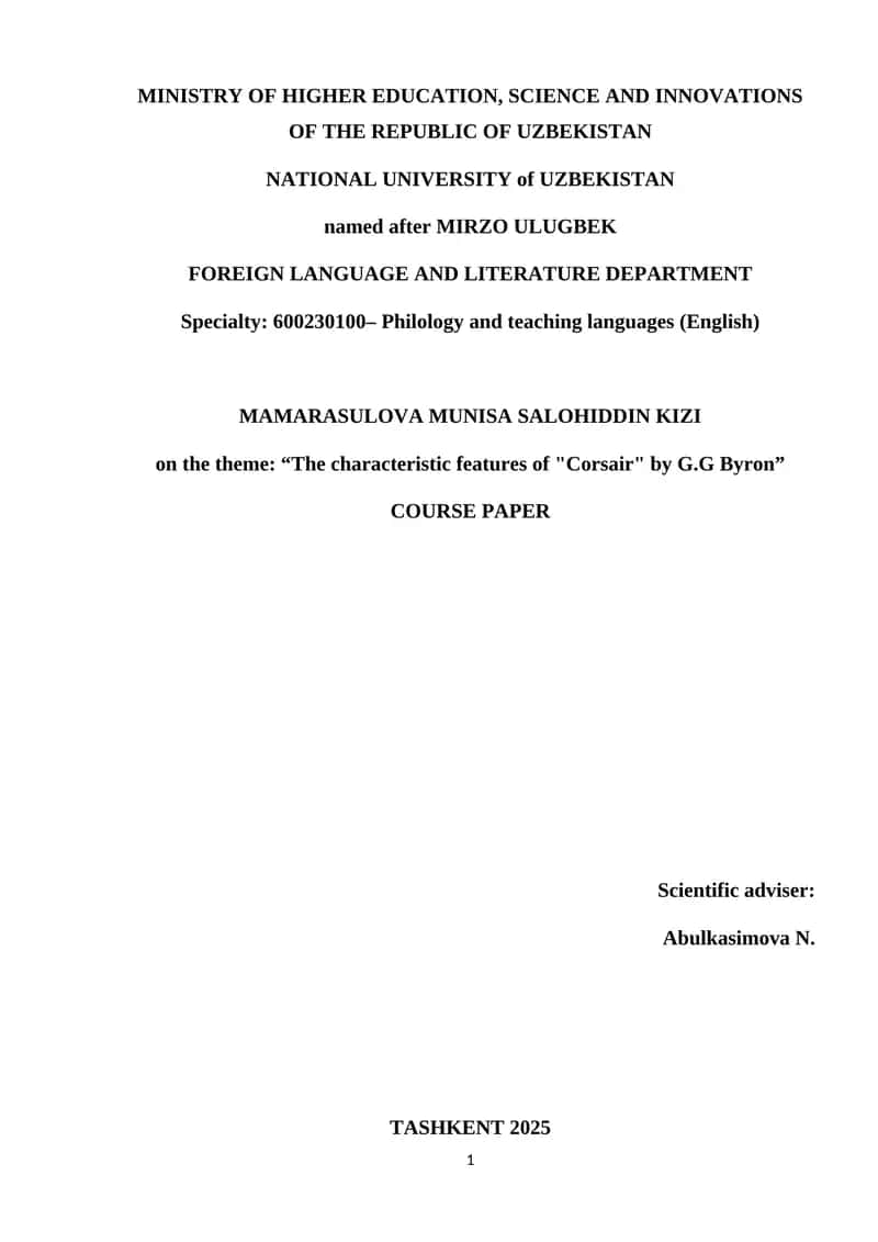 Course Paper on "The characteristic features of "Corsair" by G.G Byron"