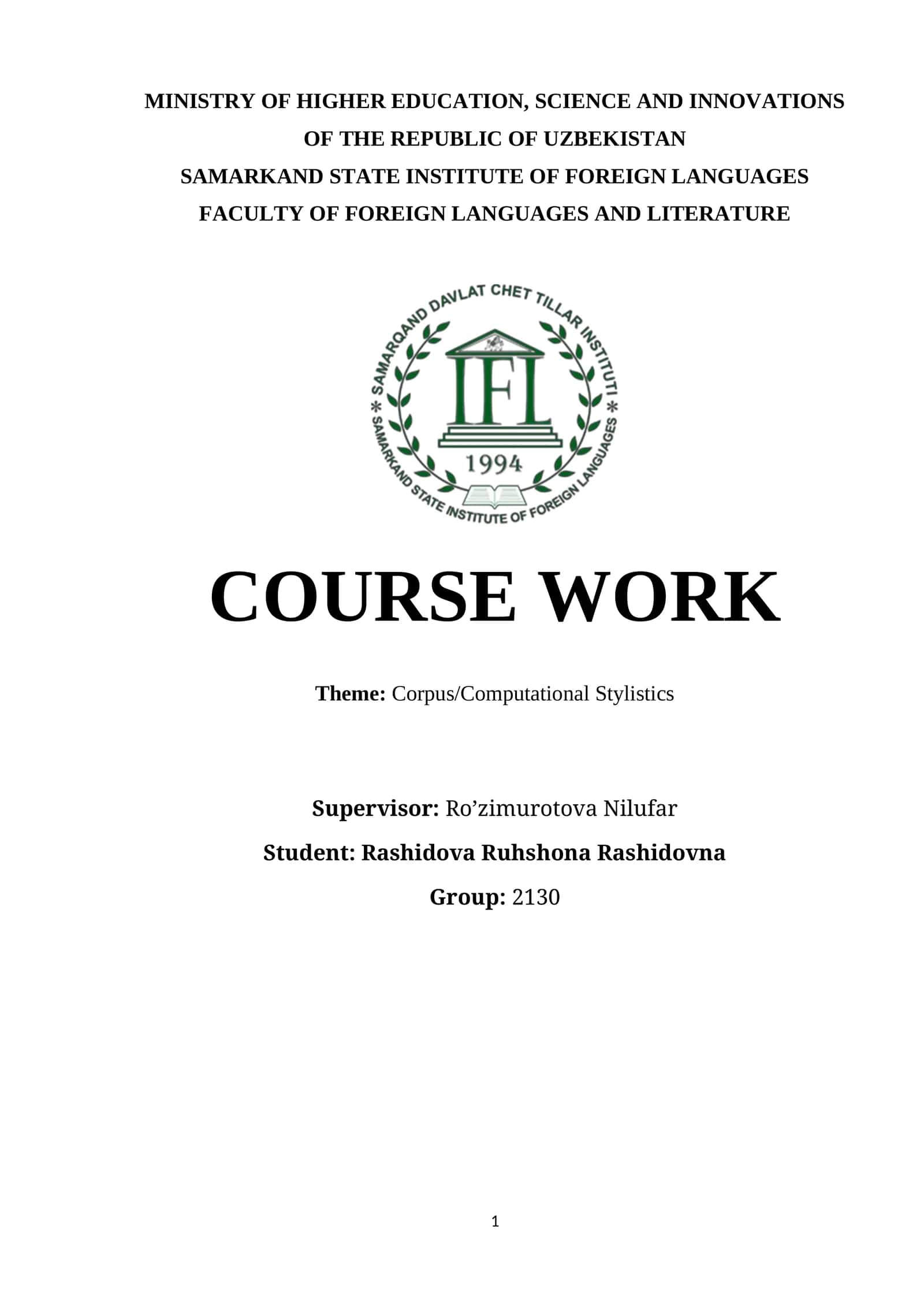 Corpus/Computational Stylistics Course Work