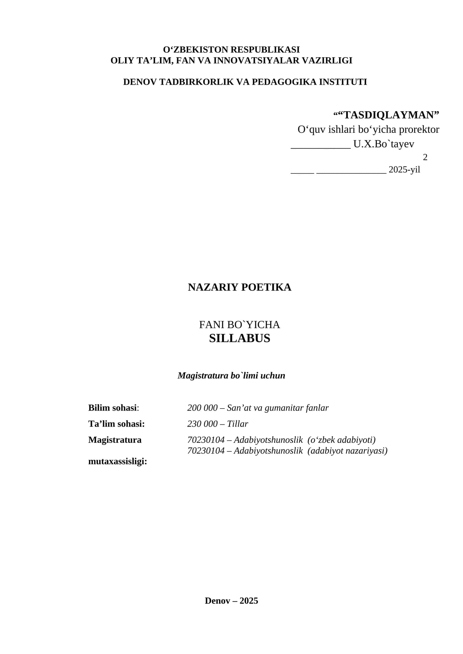SILLABUS Magistratura bo`limi uchun