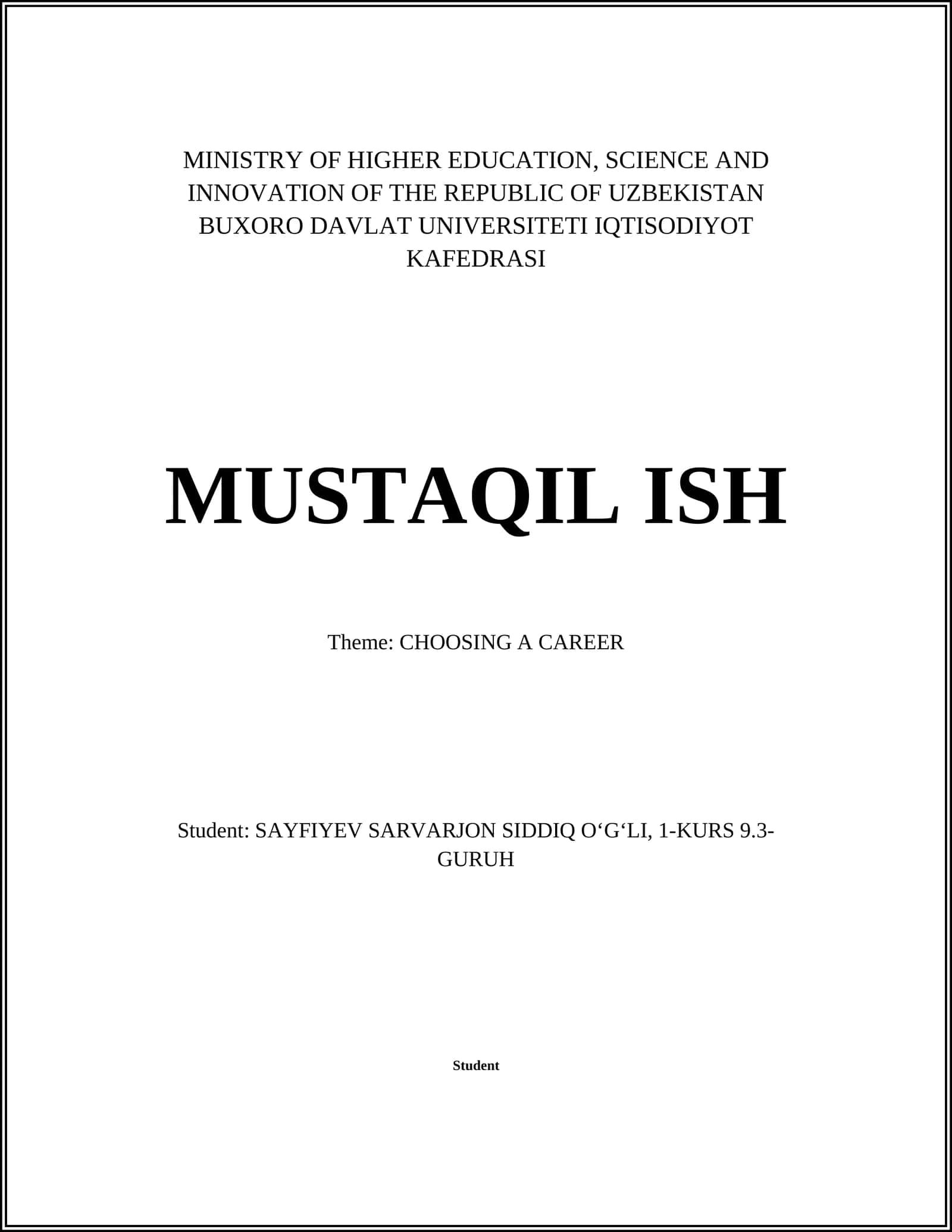 Mavzu: Kasbni tanlash / Theme: CHOOSING A CAREER