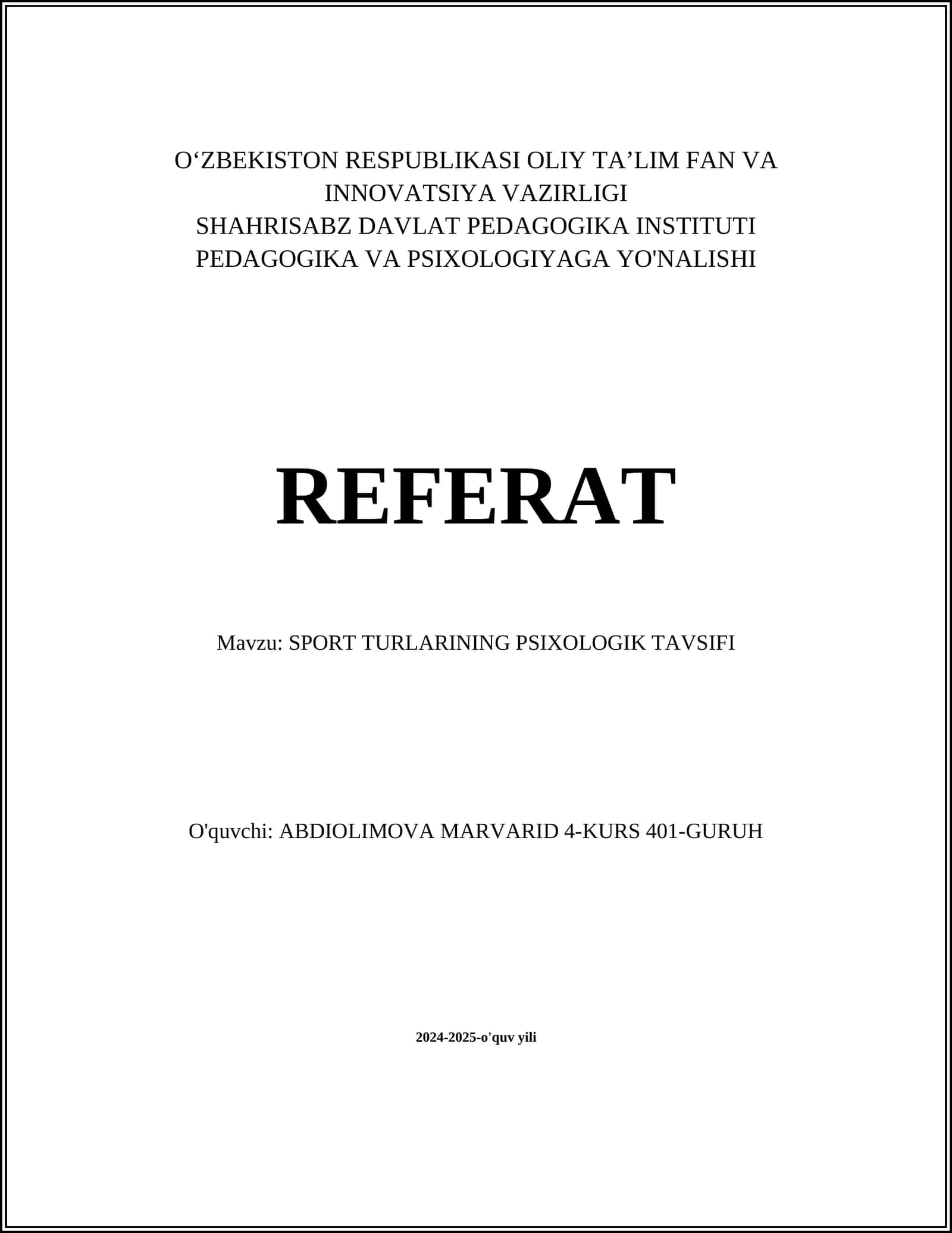 SPORT TURLARINING PSIXOLOGIK TAVSIFI